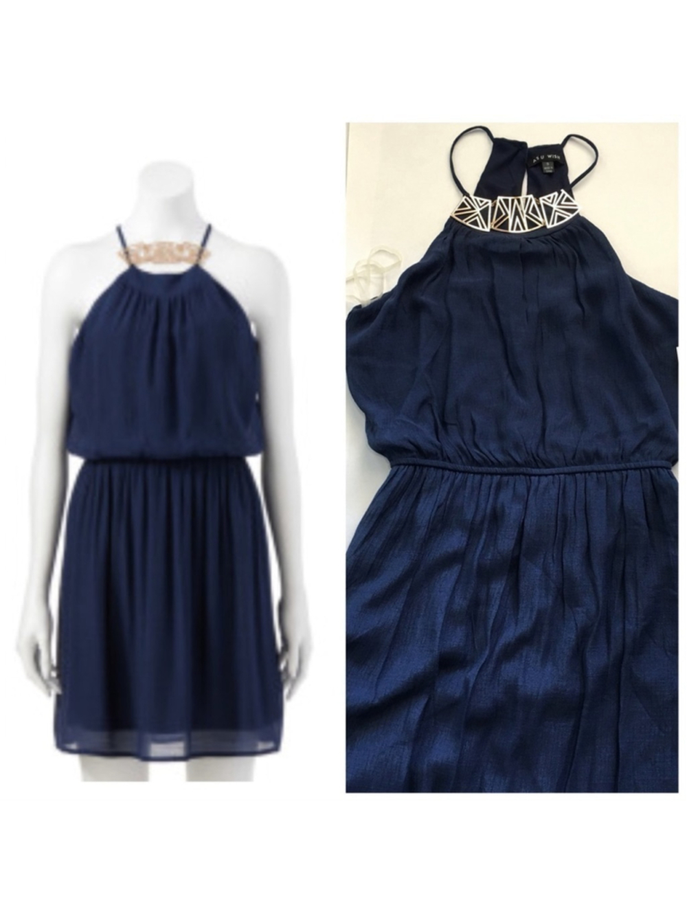 As U Wish NWT Blue Gold halter dress size small